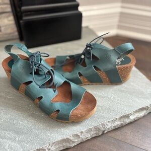 Yokono Teal Leather Lace Up Wedge Open Toe Sandals Women’s Size EU 38 US 7.5-8